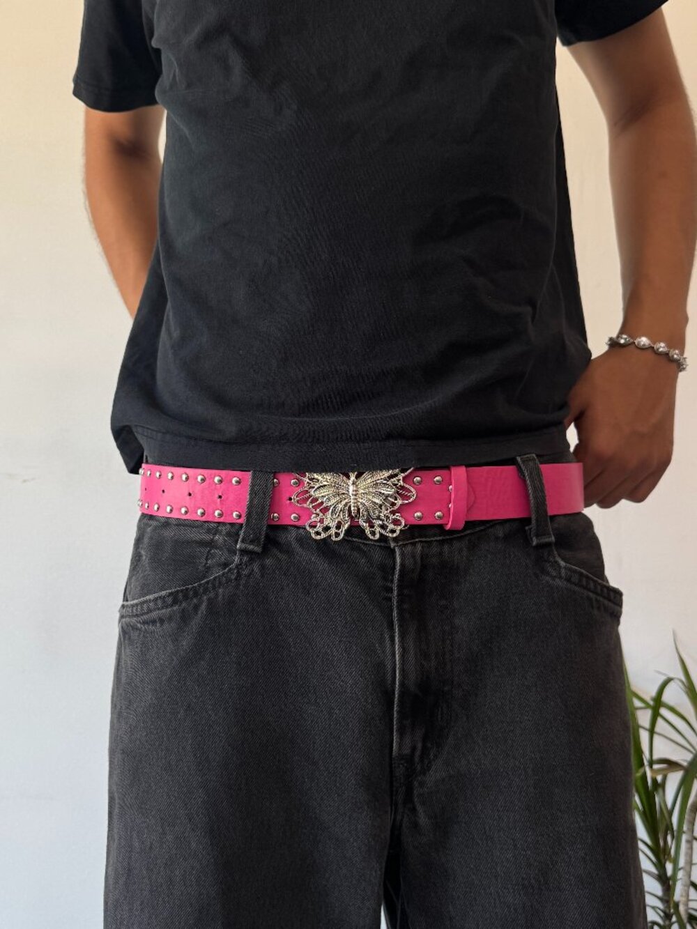Hot Pink Rhinestone Butterfly Buckle Belt